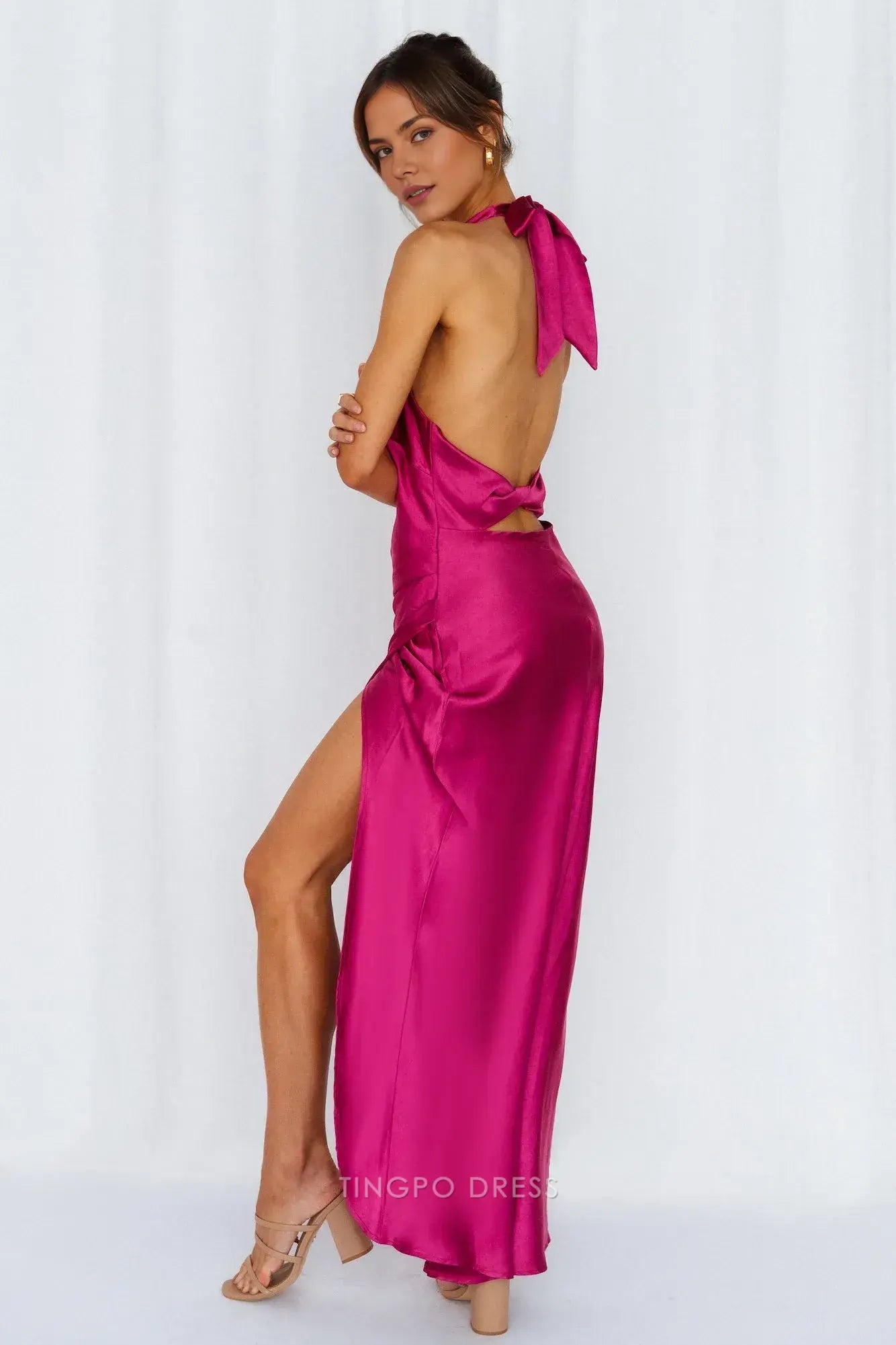 Satin Halter Neck Maxi Dress with High Slit Prom Dress